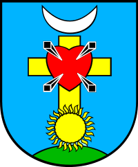 Obrazek z żółtym krzyżem i czerwonym sercem na niebieskim tle
